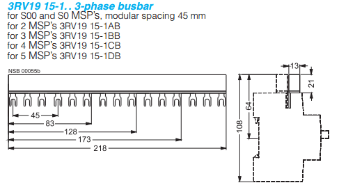 Siemens 3RV1915-1AB busbar for 3RV1011 and 3RV1021 manual motor protectors