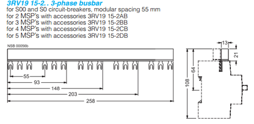 Siemens 3RV1915-2DB busbar for 3RV1011 and 3RV1021 manual motor protectors