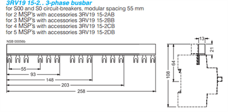 Siemens 3RV1915-2DB busbar for 3RV1011 and 3RV1021 manual motor protectors